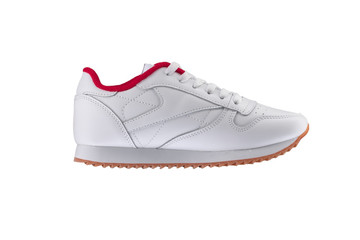 Sport shoes. White sneaker with a red insert on a white background.