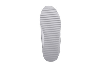 Sole white polyurethane sneaker on a white background.Bottom sports shoes polyester