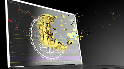 Disintegration of a BTC bitcoin token. Cryptocurrency collapse related conceptual 3D rendering