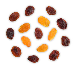 Top view of Dried raisins isolated on white background
