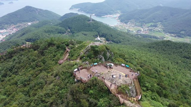 Tongyeong, South Korea 30 August 2019: 4K Aerial Drone Footage View of Mireuk Mountain. The mountain has a fantastic view overlooking the south sea.