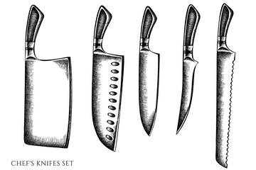 Vector set of hand drawn black and white Chef's knifes