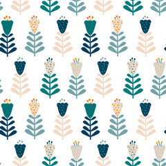 Seamless pattern in scandinavian style with cute decorative flowers, vector. Good for background, fabric, textile, cover, surface decoration and more