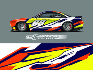 Racing car wrap design vector. Graphic abstract stripe racing background kit designs for wrap vehicle, race car, rally, adventure and livery. Full vector eps 10