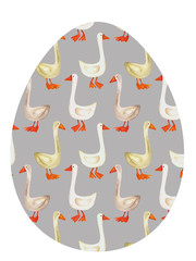 Hand drawn watercolor happy Easter egg silhouette with goose pattern. Stock illustration for textile decoration print, greeting card, spring decor, wrapping paper.