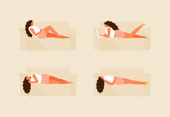 Lying girl in various positions on the couch. Vector flat set