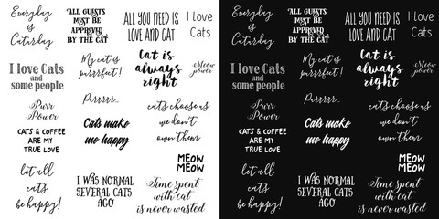 Vector lettering. vector set phrases about love for cats, about cats. Two image options - black and white background