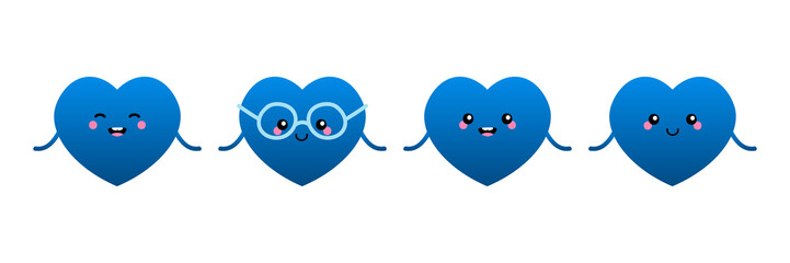 Set, collection of cute and smiling cartoon style blue heart characters for Valentines Day design.