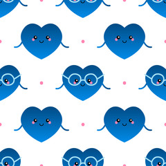 Obraz premium Cute vector seamless pattern background with blue hearts and dots for Valentines Day design, decoration.