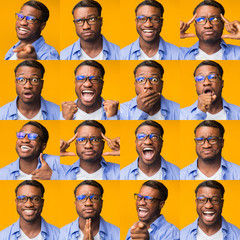 Different Emotions Collage Of Black Guy Grimacing On Yellow Background