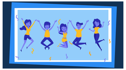 Motivational concept for landing page. Template for website or web page with stylish modern vector illustration. Group of young joyful jumping and dancing people with raised hands. Vector