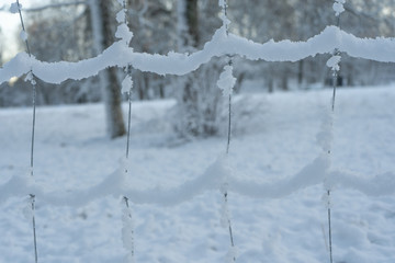 Fototapeta premium Snowy fence. Scandinavian winter wallpaper. Landscape, nature photo. Sweden