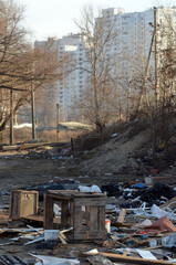 Naklejka premium Nature near Ukrainian capital. Trash burning. Air pollution. Environmental contamination. Illegal junk dump. Near Kiev, Ukraine