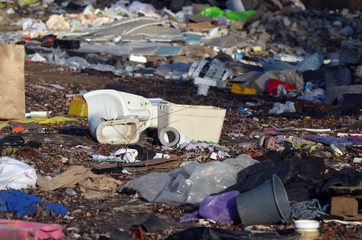 Nature near Ukrainian capital. Trash burning. Air pollution. Environmental contamination. Illegal junk dump. Near Kiev, Ukraine