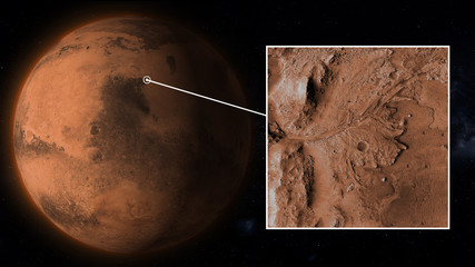 Jezero Crater of the planet Mars illustration, some elements of this image furnished by Nasa © mkarco