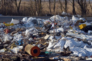 Nature near Ukrainian capital. Trash burning. Air pollution. Environmental contamination. Illegal junk dump. Near Kiev, Ukraine