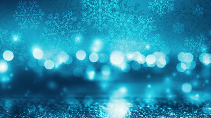 Brilliant festive winter background with neon glow. Falling snowflakes, blurry lights. Magic particles