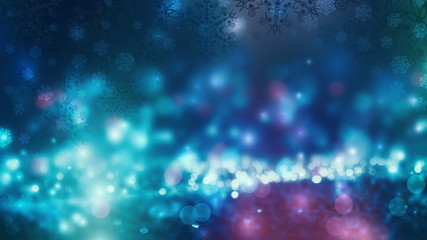 Brilliant festive winter background with neon glow. Falling snowflakes, blurry lights. Magic particles