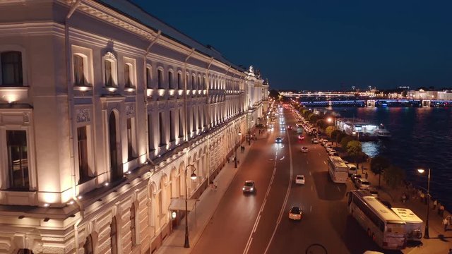 Aerial photography of night Petersburg. Palace Embankment.