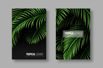 Tropical banners with palm leaves in green color. Exotic template for greetings, invitation, cosmetics or spa products, summer seasonal cards. Vector.