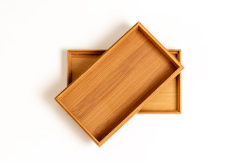 wooden box with lid on white background close up top view