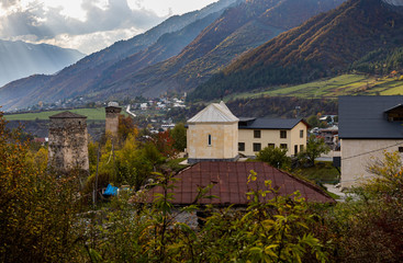 Fototapeta na wymiar Evening view of Mestia village in Svaneti in the mountainous part of Georgia