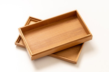 wooden box with lid on white background close up