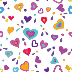 Vector seamless background with colorful hearts in cartoon style.