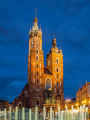 St. Mary Church with two towers by night, Krakow, Poland