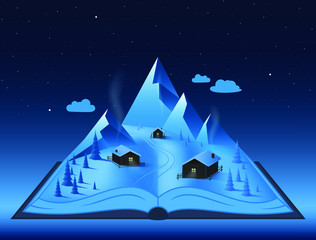 Alpine village covered with snow at Christmas night on a pages of an opened book. Winter holiday composition. Vector illustration, EPS 10.