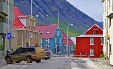 Beautiful small houses in the town of Grundarfjordur on Iceland with scenery