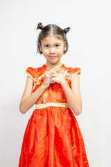 happy chinese new year.asian girls with Congratulation gesture on White background