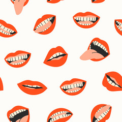 Female mouths. Teeth, tongue. Red lips. Various mimic, emotions, facial expressions. Hand drawn colored seamless pattern. Wallpaper. Trendy vector illustration