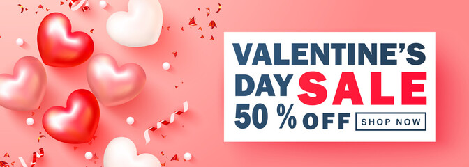 Valentines Day sale background.Romantic composition with hearts,serpentine and confetti. Vector illustration for website, posters,ads, coupons, promotional material.