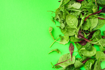 Healthy salad, leaves mix (mix micro greens, arugula, onion, other ingredients). food background. copy space