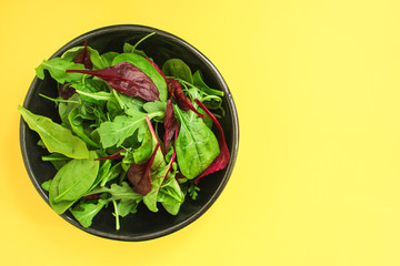 Healthy salad, leaves mix (mix micro greens, arugula, onion, other ingredients). food background. copy space