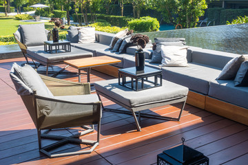 outdoor patio deck and chair decoration on balcony in the garden
