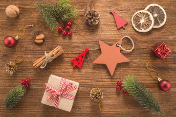 Christmas composition on wooden background	