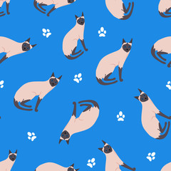 Seamless pattern with cute character cartoon style of cat. Background and icon of siamese breed for different design. 