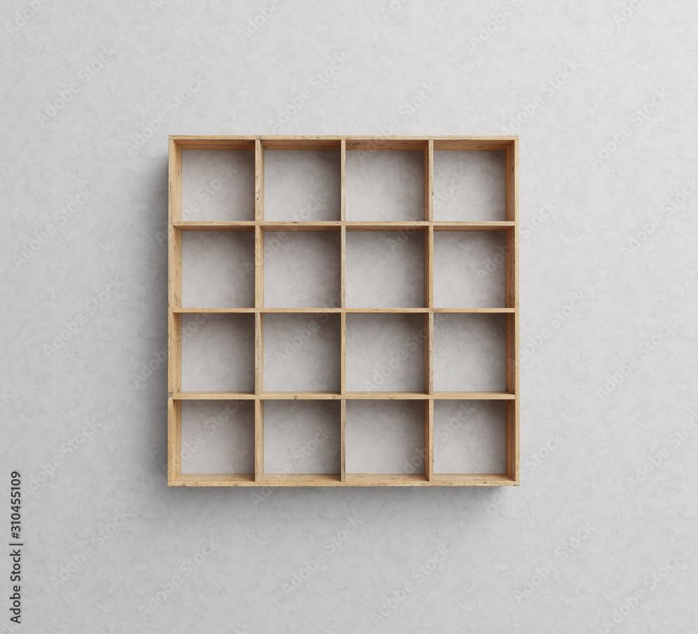 Poster wooden empty bookshelf on grey wall, 3d render image