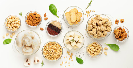 Assortment of soy products, nuts, superfoods and mushrooms