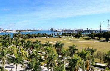 Miami, USA, water, view, ships, view, landscape,  panoramic, blue, summer, coast, city, landscape, architecture, outdoor, bench, building, 