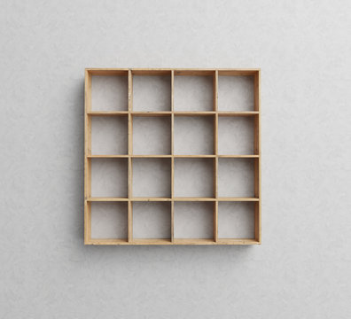 wooden empty bookshelf on grey wall, 3d render image