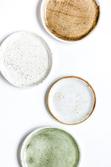 ceramic tableware top view on white background mock up