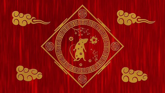 Lunar New Year, Spring Festival background with golden rat, red silk pattern. Chinese new year red paper backdrop for holiday event. 3D rendering animation. Seamless loop 4k