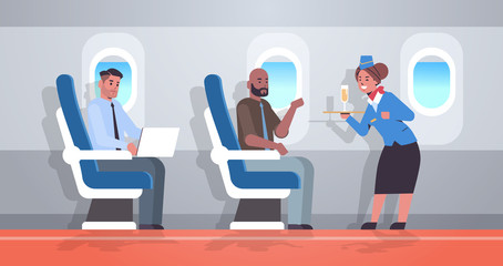 flight attendant serving alcohol drinks to passengers stewardess in uniform holding tray with champagne glass professional service travel concept airplane board interior full length horizontal vector