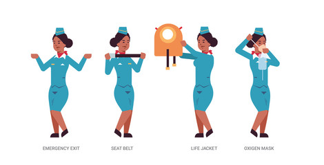 set stewardess explaining instructions with life vest seat belt emergency exit and oxygen mask african american flight attendant in uniform safety demonstration concept horizontal full length vector