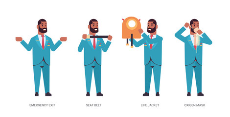 set steward explaining instructions with life vest seat belt emergency exit and oxygen mask african american flight attendant in uniform safety demonstration concept horizontal full length vector