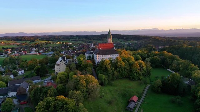 Flight at Andechs Monastery, aerial view at sunrise, Ammersee, F&uuml;nfseenland, Pfaffenwinkel, Upper Bavaria, Bavaria, Germany,