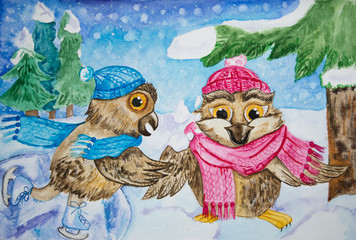 Watercolor illustrarion of owls. Cartoon owls. Winter illustration.